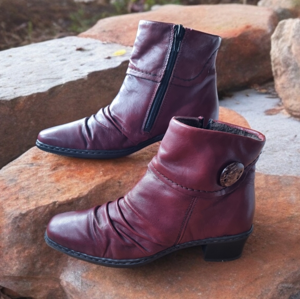 Rieker Kendra Ruched Slouch Burgundy Leather Ankle Boots 👢😍